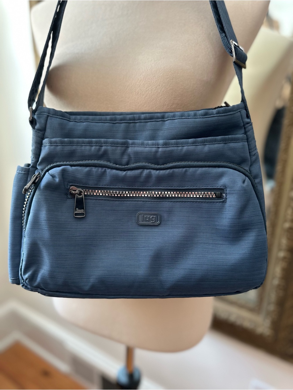 Lug Shimmy crossbody purse adjustable strap blue compartment versatile practical
